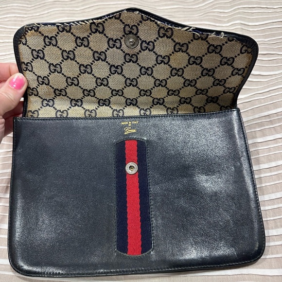 Gucci Sherry Line Clutch Vintage navy blue leather interlocking GG